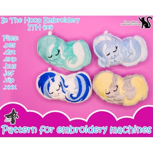 May include: Four embroidered pillow designs featuring sleeping unicorns in various colors. The designs are labeled "In The Hoop Embroidery ITH 4x4" and list the file types available for download. The text "Pattern for embroidery machines" is at the bottom of the image.