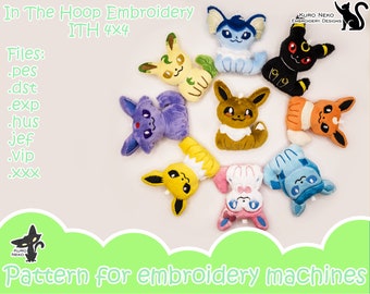 May include: A set of nine embroidered plush toys in various colors, including blue, yellow, brown, orange, pink, and purple. The toys are arranged in a circle on a white background. The text "In The Hoop Embroidery ITH 4X4" is at the top of the image. The text "Files: .pes .dst .exp .hus jef .vip .xxx" is below the toys. The text "KURO NEKO EMBROIDERY DESIGNS" is in the top right corner of the image. The text "Pattern for embroidery machines" is at the bottom of the image.