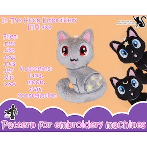 In The Hoop - Digital ITH Plush Pattern | Keychain Luna Moon Constellation Star Cats | Cute Charm 4x4 Embroidery File Instant Download