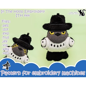 May include: Two plush owl toys wearing black hats and white collars. The owls are gray, black, and white with yellow eyes. Text on the image reads "In The Hoop Embroidery ITH 4x4" and "Pattern for embroidery machines."