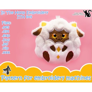 May include: Embroidered design of a white sheep with brown eyes and a gold star on its chest. The design is in a 4x4 inch hoop and is available in various embroidery file formats, including PES, DST, EXP, HUS, JEF, VIP, and XXX. The design is suitable for embroidery machines.