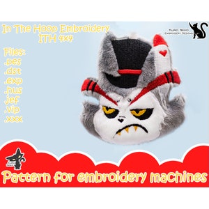 May include: A gray and white plush toy with red accents in the shape of a cat's head. The toy has a grumpy expression with yellow eyes and sharp teeth. The text "In The Hoop Embroidery ITH 4X4" is at the top of the image. The text "Files: .pes .dst .exp .hus jef .vip .xxx" is below the toy. The text "KURO NEKO EMBROIDERY DESIGNS" is in the top right corner of the image. The text "Pattern for embroidery machines" is at the bottom of the image.