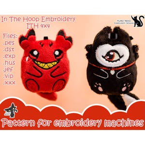 May include: Two plush toys, one red and one black, with embroidered details. The red toy has a devilish grin and the black toy has a single large eye. The text "In The Hoop Embroidery ITH 4x4" is at the top of the image. The text "Files: .pes .dst .exp .hus jef .vip .xxx" is on the left side of the image. The text "KURO NEKO EMBROIDERY DESIGNS" is on the right side of the image. The text "Pattern for embroidery machines" is at the bottom of the image.