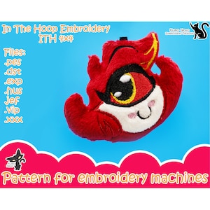May include: Red and white embroidered plush toy in the shape of a cartoon character with a large eye. The toy is designed for embroidery machines and includes files in PES, DST, EXP, HUS, JEF, VIP, and XXX formats. The text "In The Hoop Embroidery ITH 4X4" is at the top of the image.