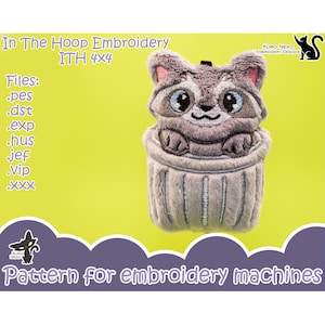 May include: Embroidered design of a raccoon in a trash can. The design is in the hoop and is 4x4 inches. The files included are .pes, .dst, .exp, .hus, jef, .vip, and .xxx.