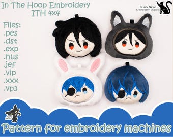 In The Hoop - Digital ITH Plush Pattern | Keychain Chibi Ciel Sebastian | Anime black butler Soft Charm 4x4 Embroidery File Instant Download