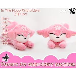May include: A pink and white embroidered design of a cute animal with large eyes and floppy ears. The design is for in-the-hoop embroidery and is 5x7 inches. The files included are .pes, .dst, .exp, .hus, jef, .vip, and .xxx.