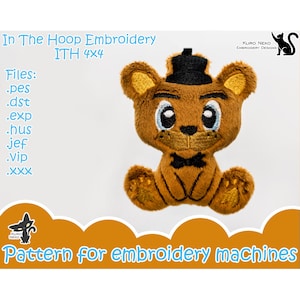 May include: A brown plush bear with a black top hat and bow tie, designed for embroidery machines. The image includes the text "In The Hoop Embroidery ITH 4x4" and a list of file types. The design is by Kuro Neko Embroidery Designs.