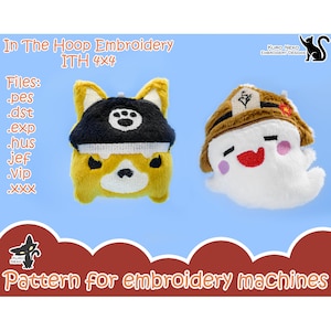 May include: Two plush toys, one yellow with a black hat and the other white with a brown hat, are shown against a blue background. The text "In The Hoop Embroidery ITH 4x4" is at the top of the image. The text "Files: .pes .dst .exp .hus jef .vip .xxx" is on the left side of the image. The text "KURO NEKO EMBROIDERY DESIGNS" is on the right side of the image. The text "Pattern for embroidery machines" is at the bottom of the image.