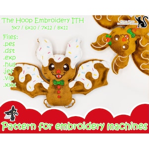 May include: A gingerbread bat embroidery pattern for embroidery machines. The pattern is available in multiple sizes: 5x7, 6x10, 7x12, and 8x11 inches. The pattern includes the following file types: .pes, .dst, .exp, .hus, .jef, .vip, and .xxx.