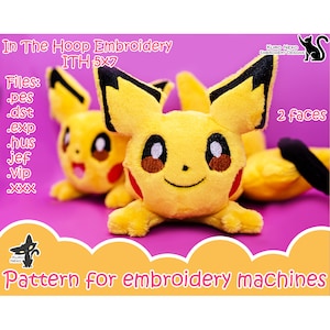 May include: Embroidered pattern for a yellow Pikachu character with black ears and a black tail. The pattern is for 5x7 inch embroidery hoops and includes files for various embroidery machines. The text "2 faces" is visible in the image.