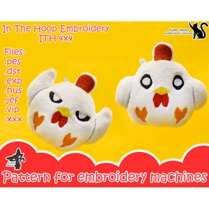 May include: Two white plush chicken toys with red combs, yellow beaks, and orange accents. The image includes text that reads "In The Hoop Embroidery ITH 4x4" and "Pattern for embroidery machines."