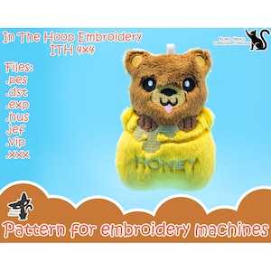 In The Hoop - Digital ITH Plush Pattern | Keychain JarPets Bear with Honey - Chibi Animals | Charm 4x4 Embroidery File Instant Download