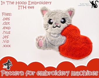In The Hoop - Digital ITH Plush Pattern | Keychain Valentine Cat | Kitty Heart | Cute Soft Stuffie Charm Embroidery File Instant Download