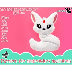 May include: White plush fox embroidery pattern for 4x4 inch embroidery machines. The pattern includes files in PES, DST, EXP, HUS, JEF, VIP, and XXX formats.