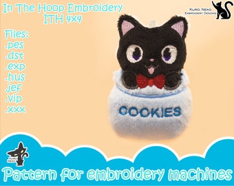 In The Hoop - Digital ITH Plush Pattern | Keychain JarPets Black Cat and Cookies - Chibi Kitty | Charm 4x4 Embroidery File Instant Download