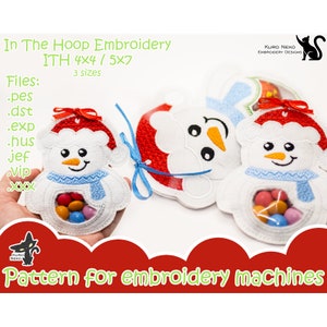 May include: Three snowman-shaped candy holders with clear plastic windows. The snowmen are embroidered with red hats, blue scarves, and black eyes. The holders are designed for 4x4 or 5x7 inch embroidery hoops.  Files included are .pes, .dst, .exp, .hus, jef, and vip.