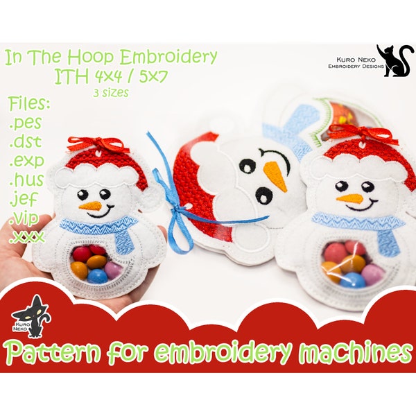 In The Hoop - Digital Treat bag ITH Pattern | Christmas Candy Bag Snowman 4x4 5x7 | 3 sizes Peekaboo | Embroidery File Instant Download