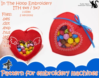 In The Hoop - Digital Treat bag ITH Pattern | Valentine Candy Bag Heart with wings | 3 sizes Peekaboo | Embroidery File Instant Download
