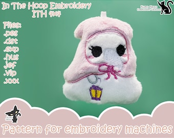 May include: Embroidered plush toy in the shape of a ghost wearing a pink hooded cloak. The ghost has black eyes and a pink blush. The ghost is holding a lantern. The text "In The Hoop Embroidery ITH 4x4" is at the top of the image. The text "Files: .pes .dst .exp .hus .jef .vip .xxx" is on the left side of the image. The text "KURO NEKO EMBROIDERY DESIGNS" is on the right side of the image. The text "Pattern for embroidery machines" is at the bottom of the image.
