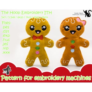 May include: Two gingerbread person embroidery designs, one with a bow tie and the other with a pink bow. The designs are in various sizes from 5x7 to 8x14 inches. The embroidery files are available in PES, DST, EXP, HUS, JEF, VIP, and XXX formats.