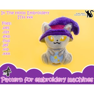 May include: A grey cat wearing a purple and pink hat with a star on its chest. The cat is holding a blue ball with stars on it. The image is for an embroidery pattern for a 4x4 inch hoop.