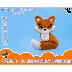 May include: A brown and white fox plush toy with a black nose and yellow eyes. The toy is sitting on a light blue background. The text "In The Hoop Embroidery ITH 4X4" is at the top of the image. The text "Files: .pes .dst .exp .hus jef .vip .sew .xxx" is on the left side of the image. The text "KURO NEKO EMBROIDERY DESIGNS" is at the top right of the image. The text "Pattern for embroidery machines" is at the bottom of the image.