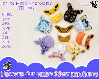May include: A set of 9 embroidered plush toys in various colors and designs. The toys are all in the shape of a cartoon character with large eyes and a smiling expression. The toys are arranged in a circle on a purple background. The text "In The Hoop Embroidery ITH 4x4" is at the top of the image. The text "Files: .pes .dst .exp .hus jef .vip .xxx" is on the left side of the image. The text "KURO NEKO EMBROIDERY DESIGNS" is on the right side of the image. The text "Pattern for embroidery machines" is at the bottom of the image.