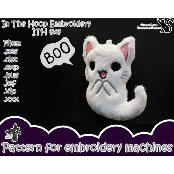 In The Hoop - Digital ITH Plush Pattern | Keychain Halloween Cute Cat Ghost | Cute Scary Charm 4x4 Embroidery File Instant Download