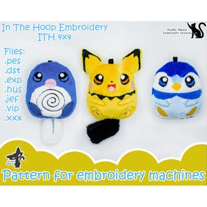 May include: Three plush toys in the hoop embroidery designs. The toys are a blue penguin, a yellow Pikachu, and a blue and white swirl design. The text "In The Hoop Embroidery ITH 4x4" is at the top of the image. The text "Files: .pes .dst .exp .hus jef .vip .xxx" is on the left side of the image. The text "KURO NEKO EMBROIDERY DESIGNS" is on the right side of the image. The text "Pattern for embroidery machines" is at the bottom of the image.
