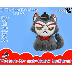 May include: Embroidered plush toy of a gray cat wearing a red bow tie and a black hat. The cat has a grumpy expression and red markings around its eyes. The text "In The Hoop Embroidery ITH 4x4" and "Files: .pes .dst .exp .hus jef .Vip .XXX" are visible on the image. The text "KURO NEKO EMBROIDERY DESIGNS" is also visible on the image. The text "Pattern for embroidery machines" is visible at the bottom of the image.