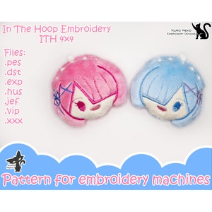 In The Hoop - Digital ITH Plush Pattern | Keychain Chibi Pink Blue Girl | Anime Soft Charm 4x4 Embroidery File Instant Download