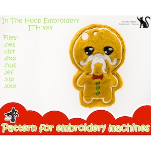 May include: A yellow gingerbread man embroidery design with a white mustache, red bow tie, and green holly leaves. The design is for in-the-hoop embroidery and is 4x4 inches. The files included are .pes, .dst, .exp, .hus, jef, .vip, and .xxx.