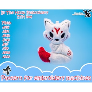 May include: White and red plush fox embroidery pattern for embroidery machines. The pattern is in the hoop and measures 4x4 inches. The files included are .pes, .dst, .exp, .hus, jef, vip, .sew, and .xxx.