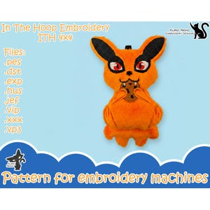 May include: An orange plush fox with black-tipped ears and red eyes, holding a cookie. The image includes text: "In The Hoop Embroidery ITH 4x4" and "Pattern for embroidery machines."