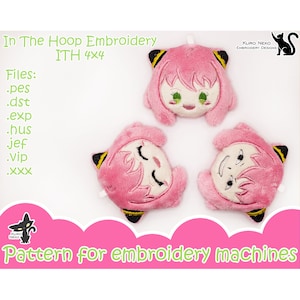 May include: Three pink plush toys with embroidered faces. Each toy has black and yellow accents around the ears and eyes. The toys are for embroidery machines and are 4x4 inches in size. The text "In The Hoop Embroidery ITH 4x4" is at the top of the image. The text "Files: .pes .dst .exp .hus jef .Vip .XXX" is on the left side of the image. The text "KURO NEKO EMBROIDERY DESIGNS" is on the right side of the image. The text "Pattern for embroidery machines" is at the bottom of the image.
