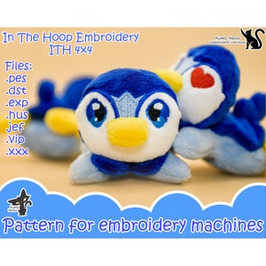 May include: Two blue penguin plush toys with white accents and yellow beaks. The penguin on the left has a blue bow tie. The penguin on the right has a red heart on its chest. The text "KURO NEKO EMBROIDERY DESIGNS" is in the top right corner of the image. The text "In The Hoop Embroidery ITH 4x4" is at the top of the image. The text "Files: .pes .dst .exp .hus jef .Vip .XXX" is on the left side of the image. The text "Pattern for embroidery machines" is at the bottom of the image.