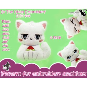 May include: A digital embroidery pattern for a white cat with three different facial expressions. The pattern is for in-the-hoop embroidery and is 4x4 inches. The files included are .pes, .dst, .exp, .hus, .jef, .vip, and .xxx.