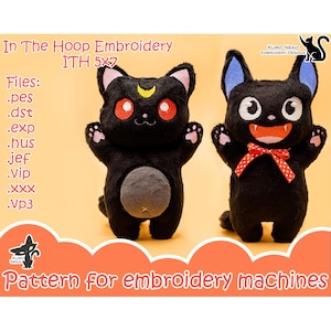 In The Hoop - Digital ITH Plush Pattern | 5x7 Hugging Dolls Chibi Cthulhu Cat | Little Cute Soft Plushie | Embroidery File Instant Download