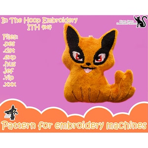 May include: A plush orange fox-like creature with black accents and red eyes, designed for embroidery machines. The image includes the text "In The Hoop Embroidery ITH 4x4" and "Pattern for embroidery machines."