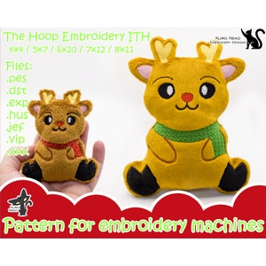 May include: A digital embroidery pattern for a cute, cartoon reindeer with a green scarf. The pattern is available in multiple sizes for embroidery machines, including 4x4, 5x7, 6x10, 7x12, and 8x11 inches.