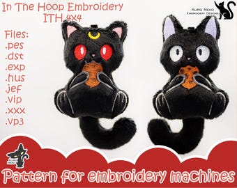 In The Hoop - Digital ITH Plush Pattern | Keychain Chibi Cat Luna | Cute Chibi Jiji animal 4x4 | Charm Embroidery File Instant Download