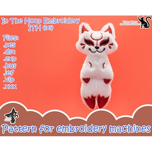 May include: A white and red embroidered plush toy of a fox with a black mask. The toy is in a hoop and is for embroidery machines. The text "In The Hoop Embroidery ITH 4x4" is at the top of the image. The text "Files: .pes .dst .exp .hus .jef .vip .xxx" is on the left side of the image. The text "KURO NEKO EMBROIDERY DESIGNS" is at the top right of the image. The text "Pattern for embroidery machines" is at the bottom of the image.