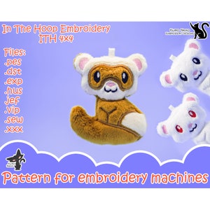 May include: A plush ferret embroidery design with brown and white fur, and a matching pattern for embroidery machines. The image includes the text "In The Hoop Embroidery ITH 4x4" and "Pattern for embroidery machines."