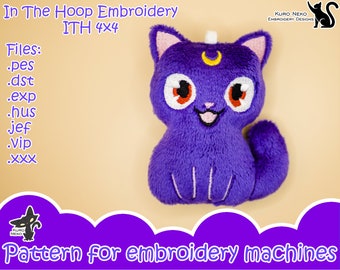 In The Hoop - Digital ITH Plush Pattern | Keychain Moon Kitty Luna| Cutie Cat Artemis | Sailor Charm 4x4 Embroidery File Instant Download