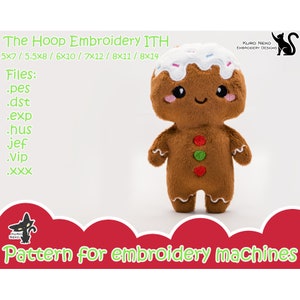 May include: Gingerbread man embroidery pattern for embroidery machines. The pattern is available in multiple sizes: 5x7, 5.5x8, 6x10, 7x12, 8x11, and 8x14 inches. The pattern includes the following file types: .pes, .dst, .exp, .hus, jef, .vip, and .xxx.