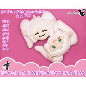 May include: Two white plush toys with embroidered faces. The toy on the left has a white face with black eyes and a black mouth. The toy on the right has a light brown face with green and pink embroidered details. The toys are on a pink background. The text "In The Hoop Embroidery ITH 4x4" is at the top of the image. The text "Files: .pes .dst .exp .hus jef .vip .XXX" is on the left side of the image. The text "KURO NEKO EMBROIDERY DESIGNS" is on the right side of the image. The text "Pattern for embroidery machines" is at the bottom of the image.