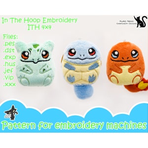 May include: Three plush toys in the shape of Pokemon characters. The characters are Bulbasaur, Squirtle, and Charmander. The toys are green, blue, and orange, respectively. The toys are designed for embroidery machines and are 4x4 inches in size. The text "In The Hoop Embroidery ITH 4x4" is at the top of the image. The text "Files: .pes .dst .exp .hus jef .vip .xxx" is on the left side of the image. The text "KURO NEKO EMBROIDERY DESIGNS" is on the right side of the image. The text "Pattern for embroidery machines" is at the bottom of the image.