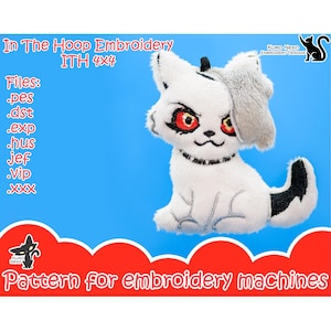 May include: A white plush cat with black ears and a red embroidered eye. The cat is sitting on a blue background. The text "In The Hoop Embroidery ITH 4X4" is at the top of the image. The text "Files: .pes .dst .exp .hus jef .vip .xxx" is on the left side of the image. The text "KURO NEKO EMBROIDERY DESIGNS" is at the top right of the image. The text "Pattern for embroidery machines" is at the bottom of the image.