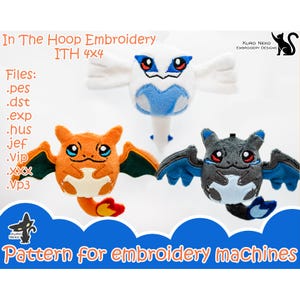 May include: Three embroidered plush toys of Pokemon characters: Charizard, Dragonite, and Garchomp. The toys are in the hoop, ready for embroidery. The text "In The Hoop Embroidery ITH 4x4" is at the top of the image. The text "Files: .pes .dst .exp .hus jef .vip .xxx .vp3" is on the left side of the image. The text "KURO NEKO EMBROIDERY DESIGNS" is on the right side of the image. The text "Pattern for embroidery machines" is at the bottom of the image.